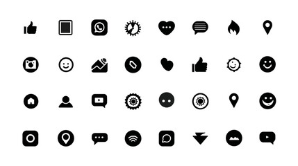 Modern vector social media and UI icon set. Minimalist flat black web interface elements for apps, digital communication, likes, and shares.