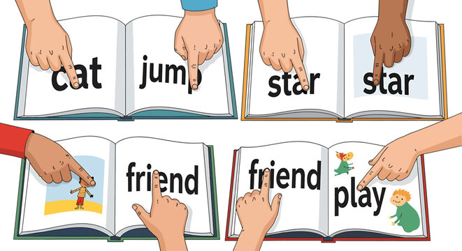 Diverse Hands Pointing at Sight Words in Open Books for Early Reading Education Concept