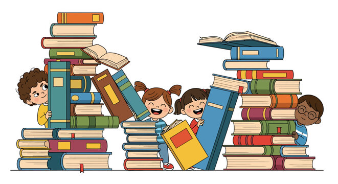 Happy Children Peeking Over Giant Stacks of Colorful Books for Reading Education Concept
