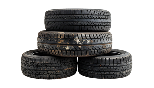 Stacked black tires form a small pyramid