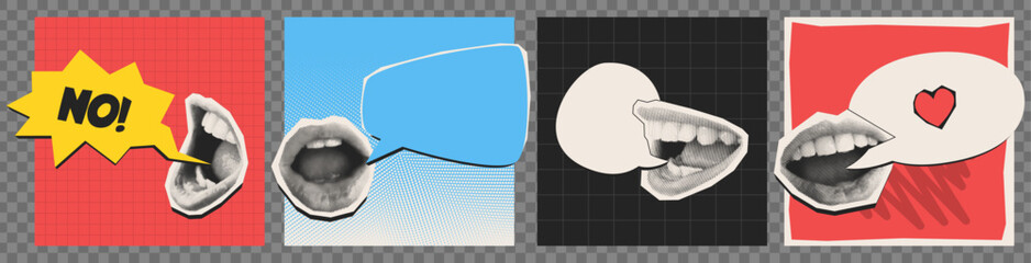 Halftone mouth speech bubbles set isolated on color backgrounds. Contemporary vector illustration of female lips smiling, talking, saying message, retro gossip collage elements, secret discussion