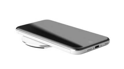 Smartphone charging wirelessly on a white pad against a dark studio background on transparent background