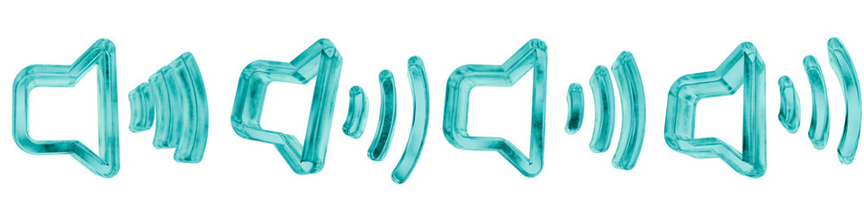 Set of four 3D volume full outline shapes in frosted blue ice glass style, isolated on a transparent background. Glassmorphism icons and 3D elements for modern graphic design.