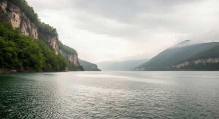 Vast lake stretches between rocky cliffs under an overcast sky. Forested slopes line the water
