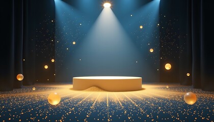 A stage with spotlight illuminating a golden podium, showcasing a captivating visual effect. It exudes elegance and a sense of grandeur