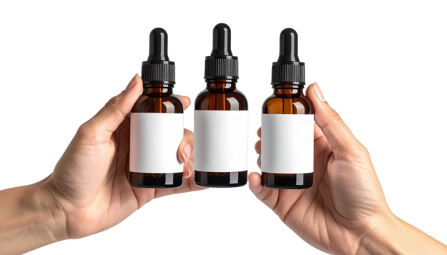 Hands holding three dark glass bottles with blank labels