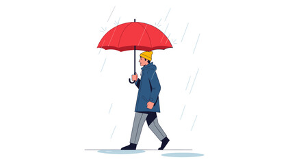 Obraz premium Stylized illustration of a person walking in the rain with a vibrant red umbrella