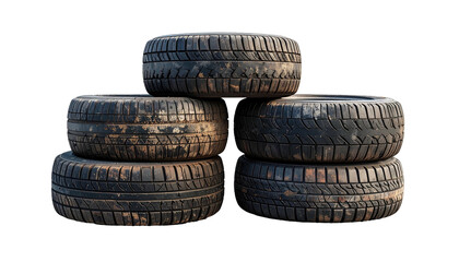 Stacked used auto tires, dirty treads against black background