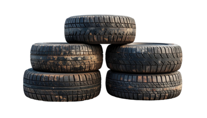 Stacked used auto tires, dirty treads against black background