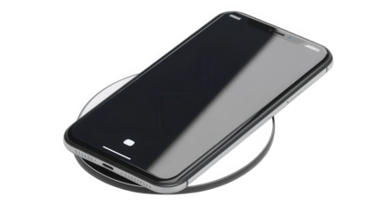 Smartphone charging wirelessly on a pad against a in studio shot on transparent background