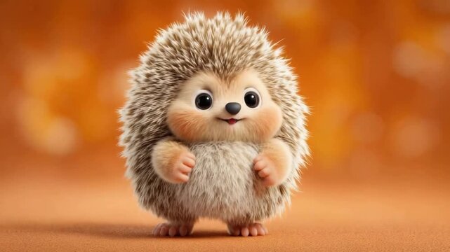 A plump, cartoon-like hedgehog with spiky fur, big eyes, rosy cheeks, and tiny paws, standing