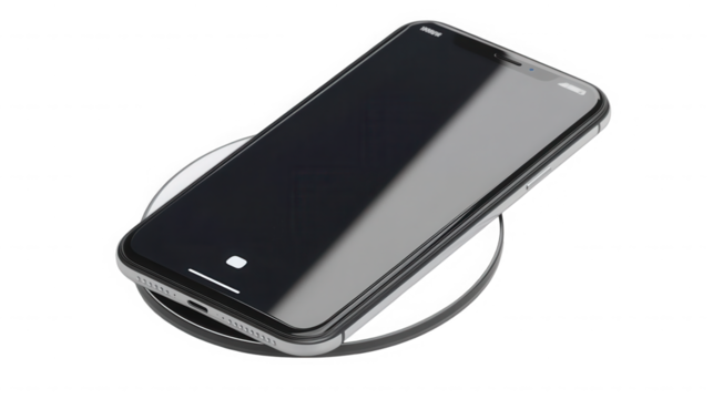 Smartphone charging wirelessly on a pad against a in studio shot on transparent background