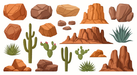 Cartoon Desert Landscape Elements Rocks, Cacti and Hills Illustration © Avra