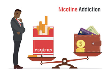Unbalanced scales, cigarettes package outweigh wallet with money. Smoking addiction. Unhappy smoker. Bad habits. Unhealthy lifestyle. Excessive spending of finances on tobacco.
