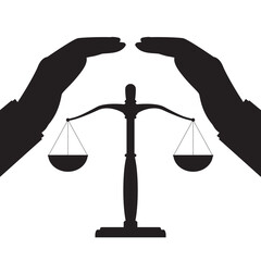 Human hands covering libra or scales, black icon silhouette. Protection of scales are balanced, equality. Sign of justice and law. Measuring device isolated on white background.