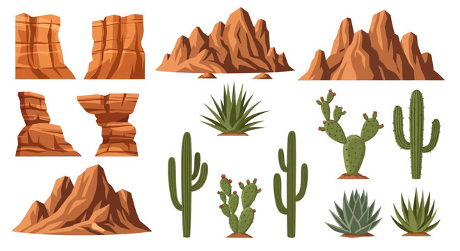 Cartoon desert landscape constructor set featuring isolated rock formations, canyons, saguaro and prickly pear cacti vector illustrations