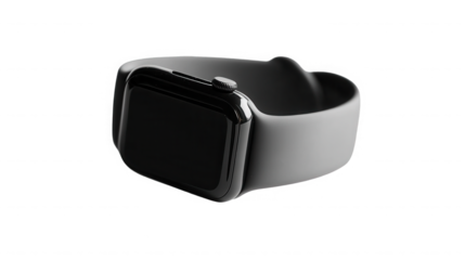 Sleek black smartwatch with gray band on a dark studio background shot on transparent background