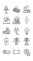 A collection of hand-drawn sketch icons representing energy, power generation, and electricity symbols.