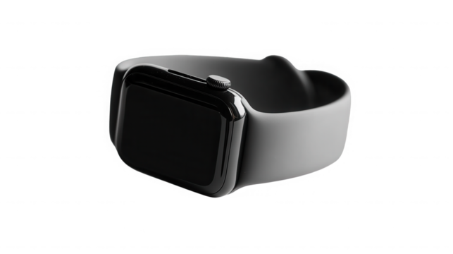 Sleek black smartwatch with gray band on a dark studio background shot on transparent background
