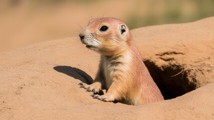 Prairie dog emerging from its burrow in the sandy ground looking alert and curious on a sunny day