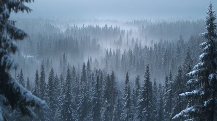 Obraz premium Dense evergreen forest covered in fresh snow stretches across a misty valley vista