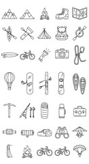 A hand-drawn set of black and white doodle icons for outdoor adventure, camping, and hiking.