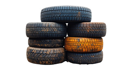 Stacked used tires show tread wear on black background