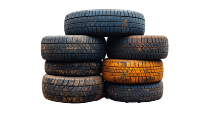 Stacked used tires show tread wear on black background
