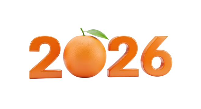 Illustration of 2026 in orange fruit on transparent background