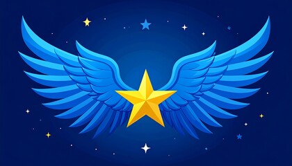 A golden star with blue feathered wings against a starry background