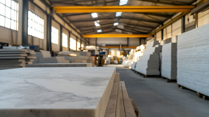 Fototapeta premium Marble slabs stacked in a warehouse, showcasing natural stone patterns. The interior features industrial architecture with bright lighting and spacious layout.