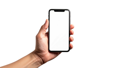 Hand holds blank screen phone against black