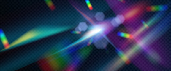 Prism lens flare background with rainbow light leaks and bokeh circles - blurred gradient overlay in vibrant neon colors. Abstract aberration texture for creative photography or digital art projects.