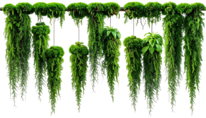 Hanging green mossy plants adorn a bar against a black backdrop