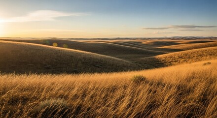 Vast golden grasslands roll under a warm, late-day sun, creating a serene, expansive landscape