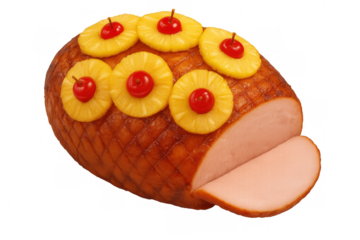 Glazed ham preparing for holiday dinner, decorated with pineapple rings and maraschino cherries, with a slice cut