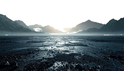 Barren land stretching toward distant mountains under dark sky