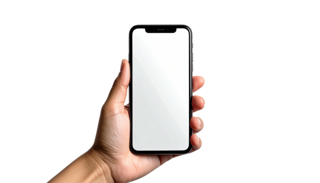 Hand holds smartphone with blank white screen on black backdrop