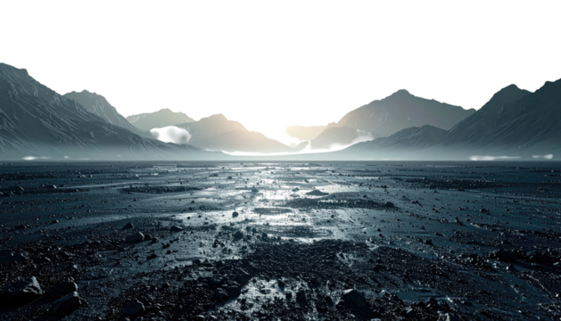 Barren land stretching toward distant mountains under dark sky