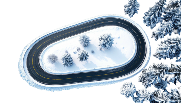 Winding road circles winter scene, snow-covered trees