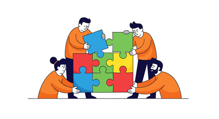 Diverse Team Collaborating to Assemble Colorful Puzzle Pieces for Business Success Concept