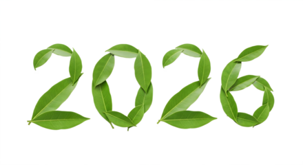 The year two thousand and twenty six made out of green leaves on transparent background