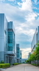 Obraz premium Modern Industrial Architecture with Clear Skies and Greenery in Urban Settings Captured During Daylight Hours