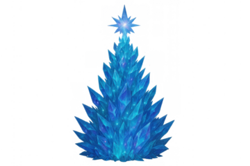 Blue crystal christmas tree abstract glowing with magic star on transparent background for winter holidays and fantasy design