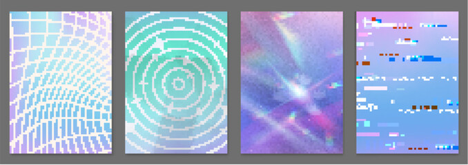 Gradient backgrounds set with abstract patterns. Vector realistic illustration of illusion backdrops with checkered wireframe, spiral, diamond light streak, glitch effect, hypnotic y2k poster design
