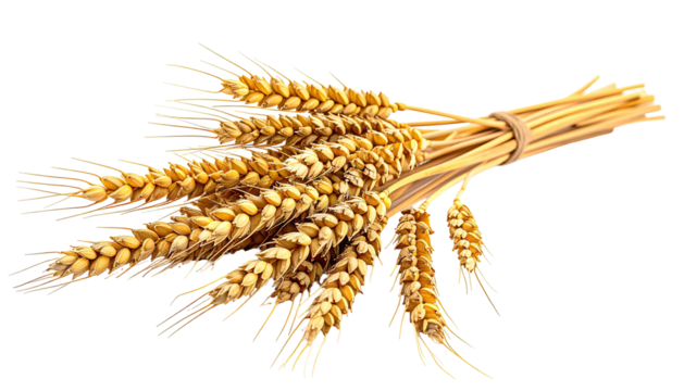 Bunch of golden wheat stalks tied together, isolated image