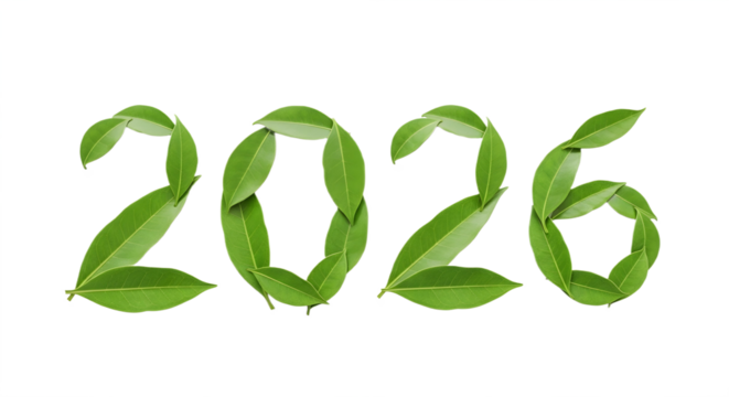 The year two thousand and twenty six made out of green leaves on transparent background