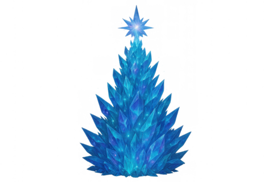 Blue crystal christmas tree abstract glowing with magic star on transparent background for winter holidays and fantasy design