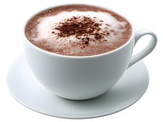 Obraz premium Minimal white cup of cocoa drink isolated on transparent background, symbolizing warmth and sweetness.