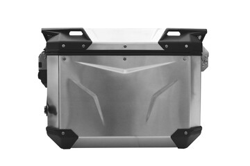 Metal motorcycle luggage box with black corner protectors on white
